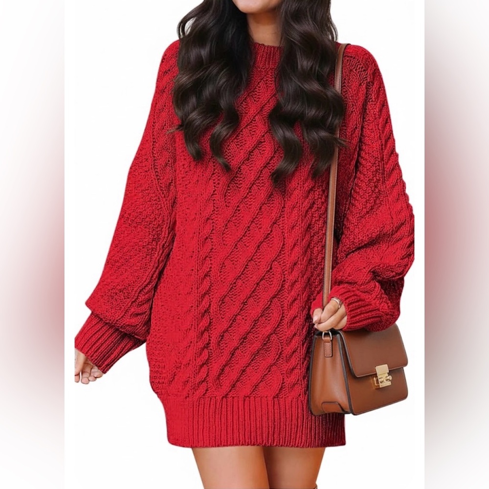 ANRABESS | Women’s Red Cable Knit Ovetsized Sweater Dress- Medium